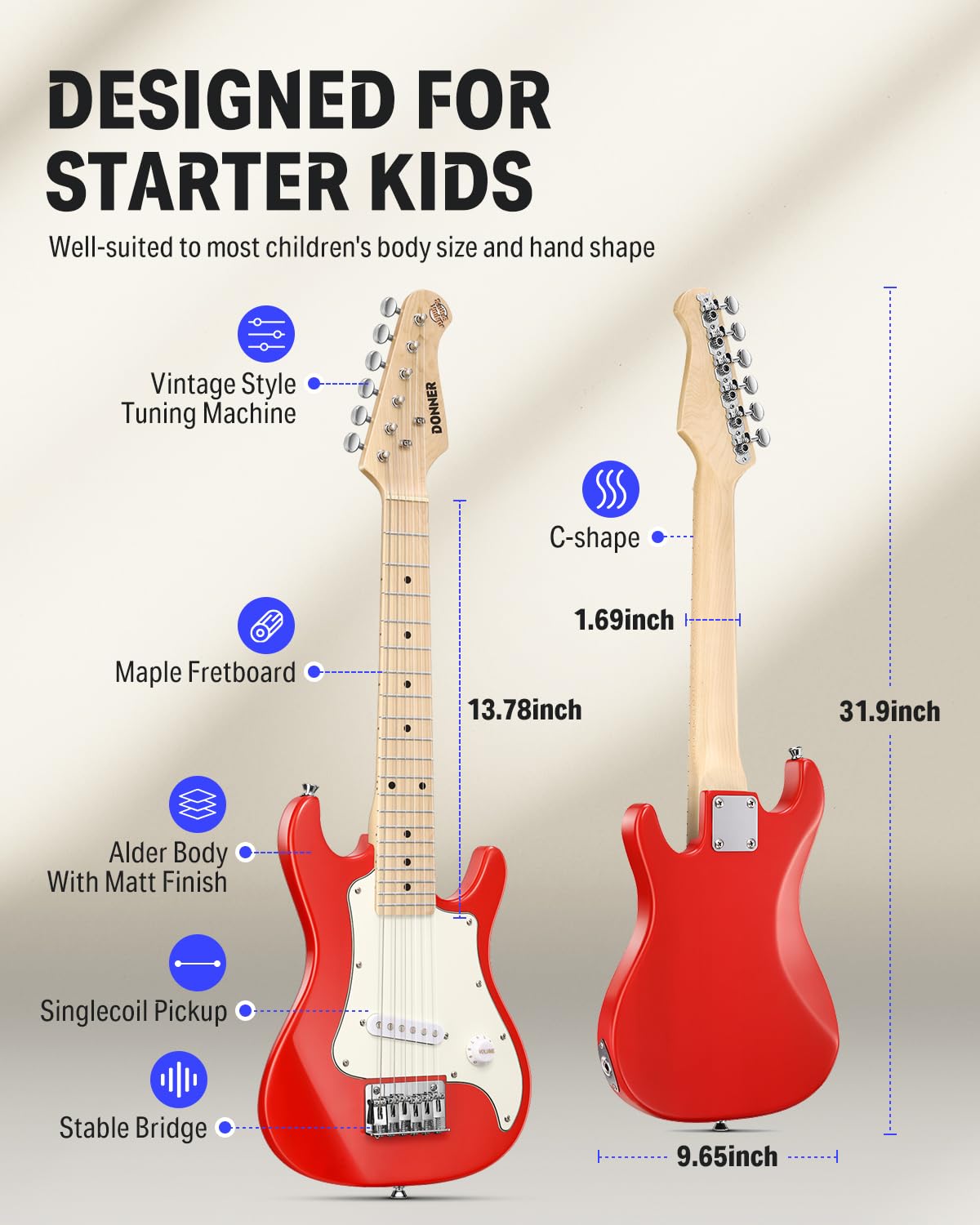 Donner 30 Inch Kids Electric Guitar Beginner Kits ST Style Mini Electric Guitar for Boys Girls with Amp, 600D Bag, Tuner, Picks,